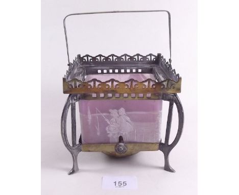 A late Victorian silver plated Aesthetic style small oil lamp with lilac Mary Gregory style glass panelled sides and swing ca