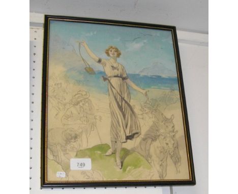 A 1930's unfinished watercolour of a girl with a camera on the beach with children and donkeys - possibly drawn for an advert