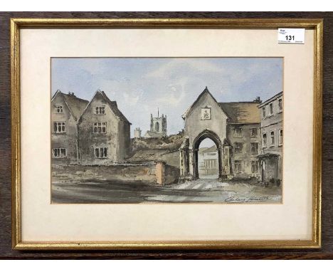 Graham Howlett (British, 20th century), watercolour / ink of Erpingham gate / Norwich cathedral, signed, 33x21cm, framed and 