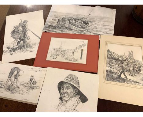 David Poole (British, 20th century), thirteen original graphite works of on paper, including Norfolk fishermen/ coastal scene