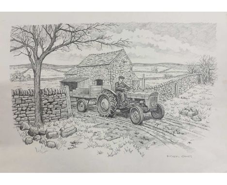 Michael James (British, 20th century), study of a farmer on a tractor in situ, original graphite on paper, signed, unframed, 