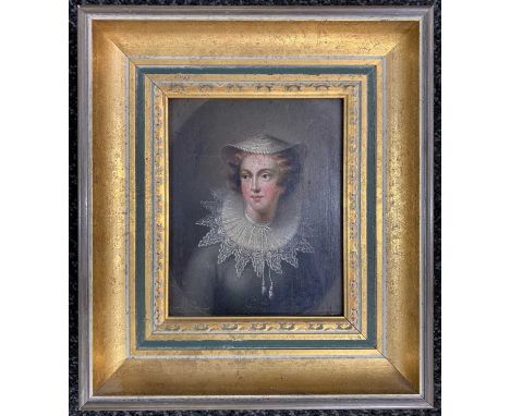 British School, circa 19th century, Bust portrait of a young lady in lace, oil on panel board, 17x13.5cm, framed