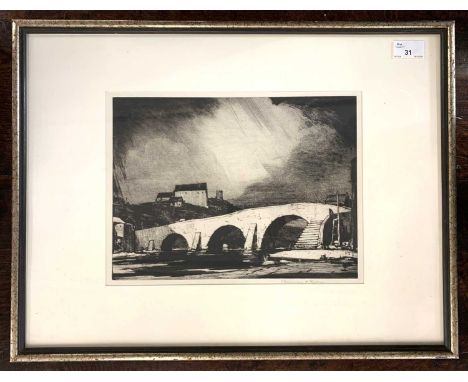 Chauncey Foster Ryder (American, 1868-1949), A bankside view of a bridge and buildings (Possibly Dalmally Bridge, Scotland), 