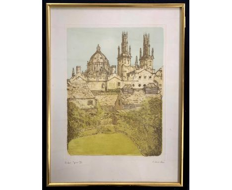 Richard Beer (1928-2017), "Oxford Steps", limited edition etching with aquatint, numbered 104/150, titled and signed in penci