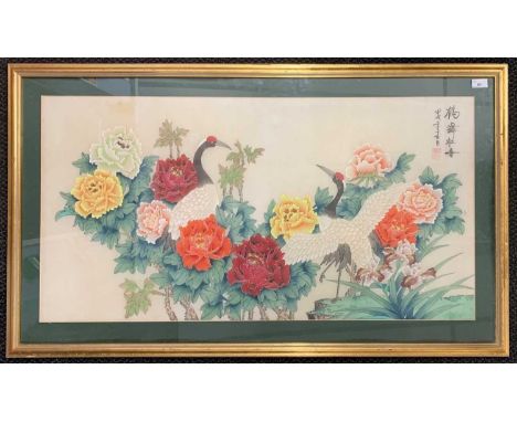 Oriental School, 19th century, Pair of Cranes amongst floral flora, hand painted silk with calligraphy, 104x54cm, framed and 