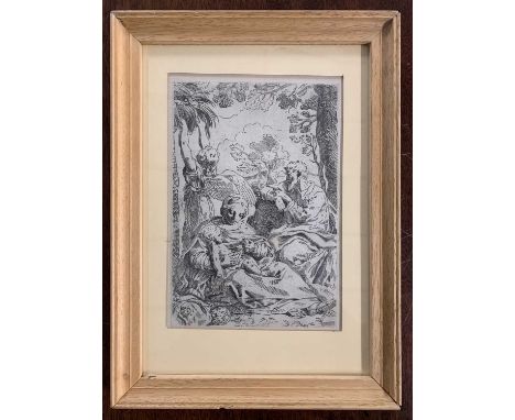 After Guido Reni (Italian,1575-1642), The Holy Family with an angel, etching, laid on paper with notable cropping to lower ma