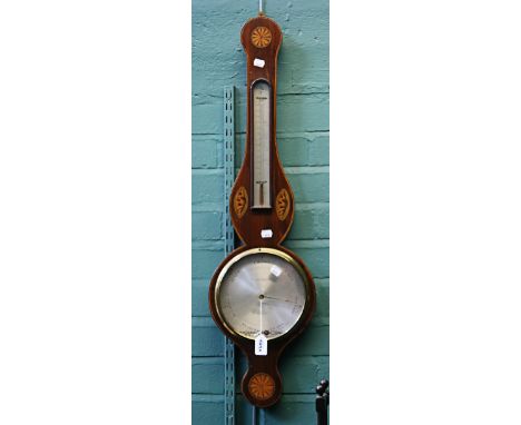Tettamanzi, Colchester, a 19th century mahogany, boxwood strung fan and conch shell inlaid wheel barometer, with thermometer 