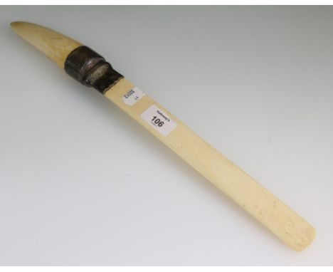 Possibly Edmund Bennett, an ivory page turner, with spear handle, silver collar and plain blade, 45cm, London 1896