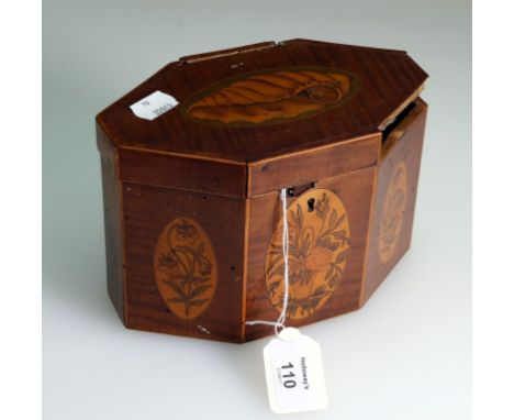 A George III marquetry inlaid sycamore lozenge form two section tea caddy, with panels of flowering shrubs, coquillage and cu