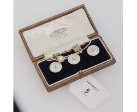 A cased set of three Edwardian gold, enamel and mother of pearl dress buttons, together with a foiled split pearl cluster nec