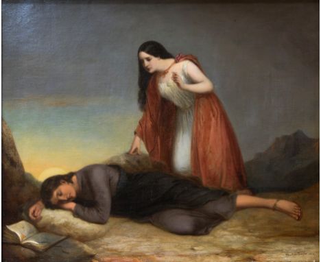 Newton Taylor (19th century) A young man sleeping with an open book in a landscape, being approached by a beauty in a red clo