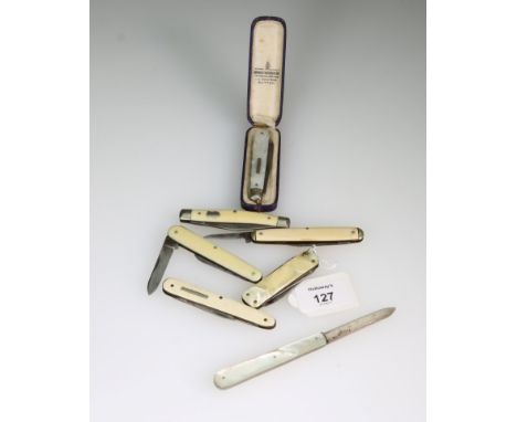 W.N., a cased mother of pearl handled folding fruit knife, with silver blade, Sheffield 1920, another by the same maker, thre