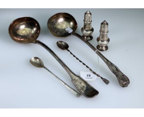 A late Victorian Kings Pattern silver soup ladle, Sheffield 1899, by John Round, together with a pair of pepperettes, a long 