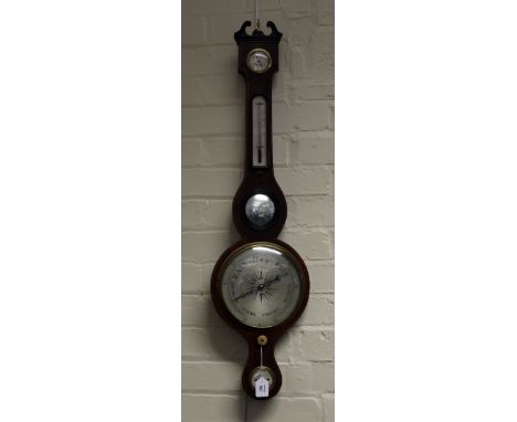 An 1820s/30s strung mahogany five function mercurial barometer, thermometer, by R Brown of Towcester, fitted hygrometer, ther