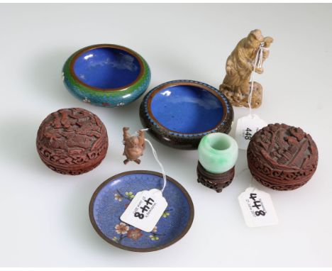 Two 20th century Chinese cloisonne bowls, of bun form, a similar dish, two cinnabar-type covered pots, a small jade pot on st