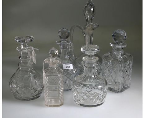 A Stuart crystal double ring neck decanter and stopper, a 19th century hobnail cut spirit decanter, three other decanters and