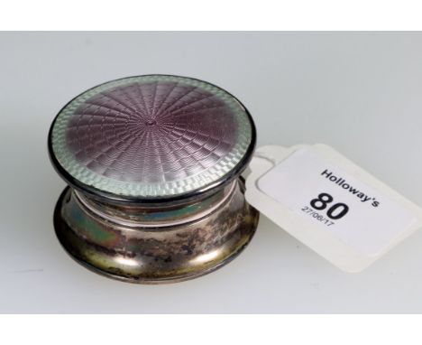 An Edwardian silver box, of waisted cylindrical form, the cover decorated with pale mauve and white guilloche enamel, Birming