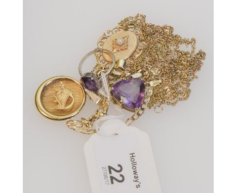 A heart-shaped amethyst pendant, with bar mount and chain, a Taurean bull disc pendant, a single stone cultured pearl pendant