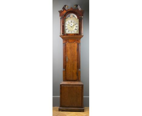 Charles Dale, Atherstone, an early 19th century oak and mahogany longcase clock, the hood with scrolled pediment over arched 