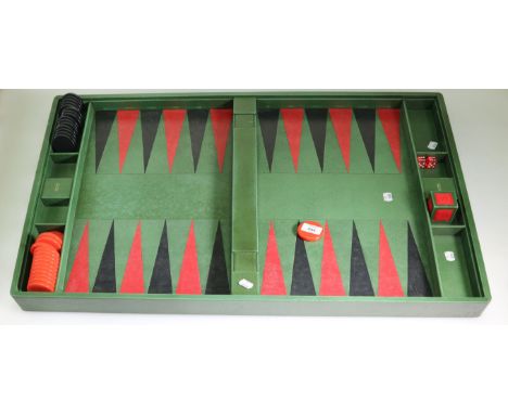 Geoffrey Parker, a competition standard bespoke green hide backgammon board, with stones, pair of dice and a doubling die, 86