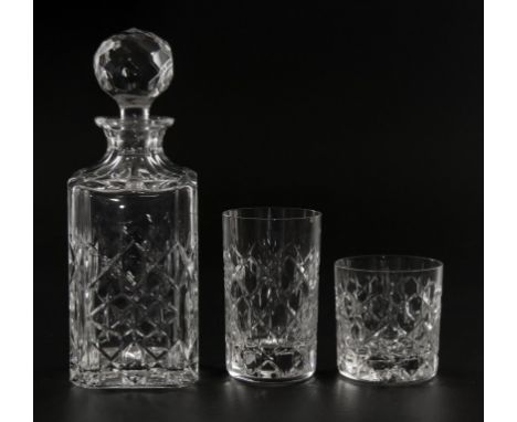Tiffany and Co, a cut glass decanter and stopper, of mallet form, together with seven tumblers and eight 'high ball' glasses