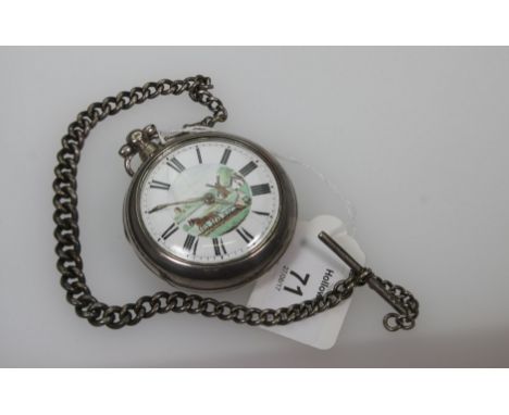 A mid 19th century silver pair cased watch, pierced back plate numbered 6639, verge movement and enamel dial painted with a p