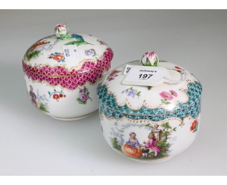 Two late Meissen porcelain covered bowls, each with closed flower finial, and decorated with courting couples in landscapes o