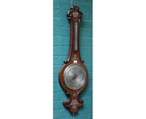 A William IV mother of pearl inlaid rosewood two function mercurial barometer, by Levi Hewitt of Higham Ferrers, 10 1/2in dia