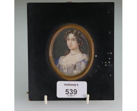 19th century, European School Head and shoulders portrait miniature of a buxom society lady, wearing a pearl necklace and bej