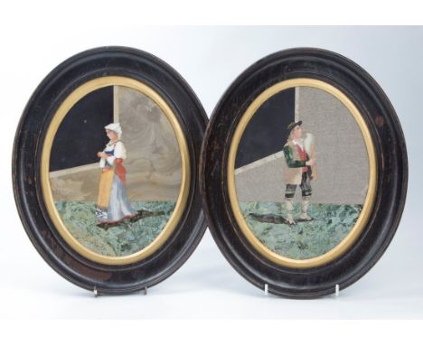 A pair of late 19th century Italian pietra dura plaques, a young man playing pipes and the other of a peasant girl, 21.5 x 16