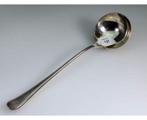 Elkington and Co. Ltd, a silver soup ladle with beaded handle, Birmingham 1894, 35cm, 9.2 troy oz