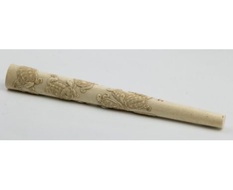 Japanese Meiji carved ivory parasol handle, decorated in shallow relief with tortoises, 22cm, signed