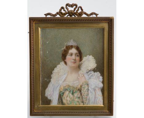 Hannah Elizabeth Smith (circa 1900) Half length portrait miniature of Miss Miriam Clements oil on ivorine panel, 10 x 8.5cm, 