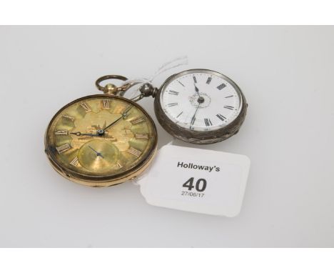 An open-faced yellow metal pocket watch, the two colour case with applied rose gold Roman numerals, the dial engraved with a 