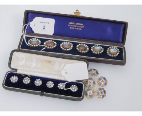 A cased set of six Victorian foiled paste buttons, together with a cased set of six past cluster buttons and a set of five Fr