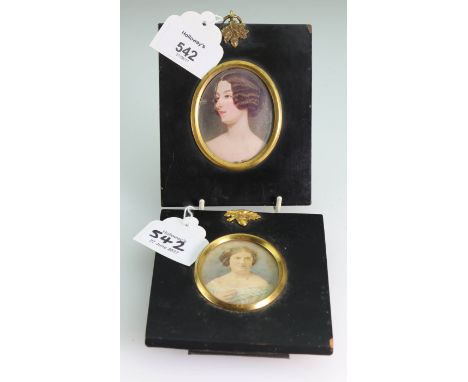 An Edwardian over-painted photograph portrait miniature, of a lady wearing an off the shoulder gown, together with a printed 