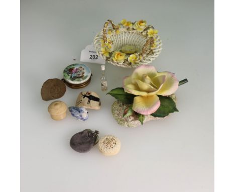 A Crown Staffordshire basket, decorated with yellow roses, two 19th century ivory vinaigrette, an ammonite brooch, and other 