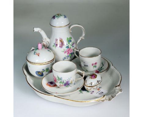 A late 19th century Berlin porcelain ossier border bachelor's coffee set, with coffee set, pair of cups and saucers and sucri