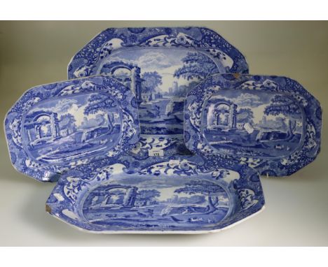 An early 20th century Copeland Spode blue and white Italian transfer printed meat plate, with canted corner, one other and tw