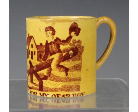 A rare child's pottery yellow ground diminutive mug, circa 1800, printed in brown with two boys playing on a see-saw above th