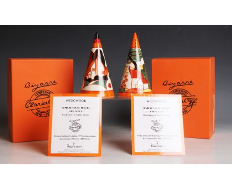 Two Wedgwood Clarice Cliff Centenary Collection conical sugar sifters, circa 1999, the first based upon the Farmhouse pattern