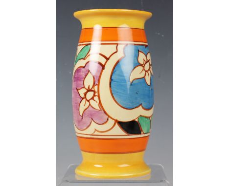 A Clarice Cliff Fantasque Gardenia pattern 265 shape vase, circa 1930, black printed marks to base with moulded numerals, hei
