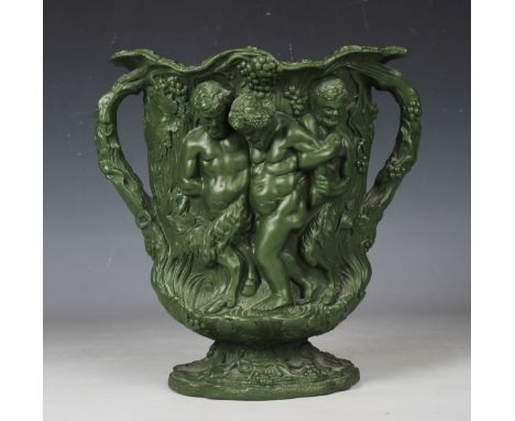 A Minton relief moulded two-handled Silenus vase in dark green, mid-19th century, unmarked, height 22.3cm, together with a co