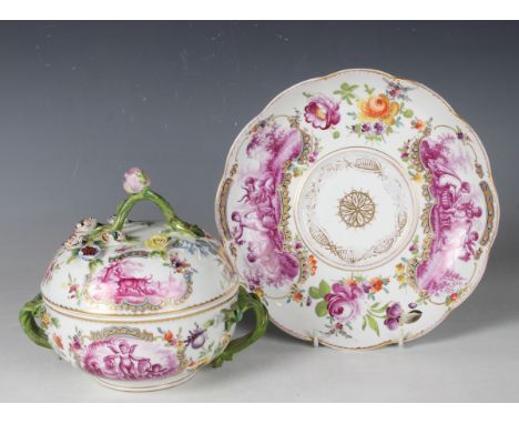 A Carl Thieme Potschappel Meissen style écuelle, cover and stand, late 19th/early 20th century, of circular shape with branch
