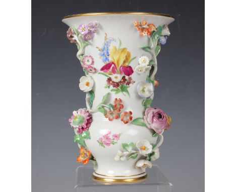 A Meissen floral encrusted and painted vase, 20th century, of baluster form with gilt rim, crossed swords mark in underglaze 