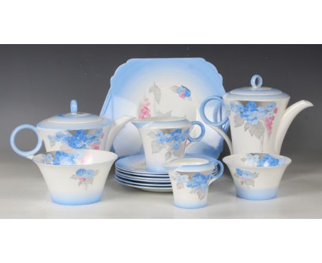A Shelley Regent shape Phlox pattern part tea service, circa 1925-45, comprising coffee pot and cover, teapot and cover, two 