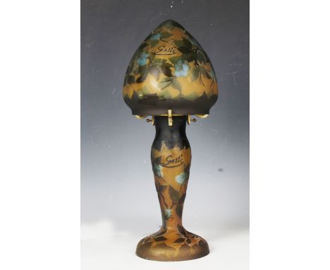 A Gallé style cameo type glass table lamp, modern, the domed shade and baluster stem decorated with branches of cherries, ove