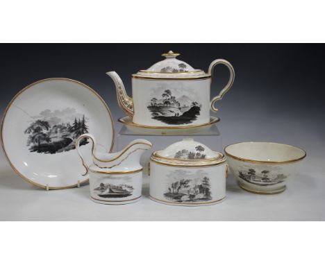 A Spode bat printed part service, circa 1805, pattern No. 557, comprising teapot, cover and stand, sucrier and cover, slop bo