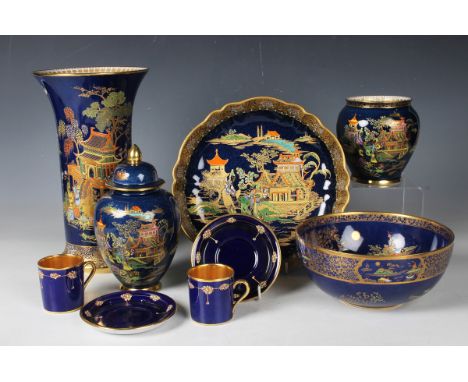 A mixed group of blue ground Carlton Ware, mid-20th century, including a large New Mikado pattern flared cylindrical vase, he