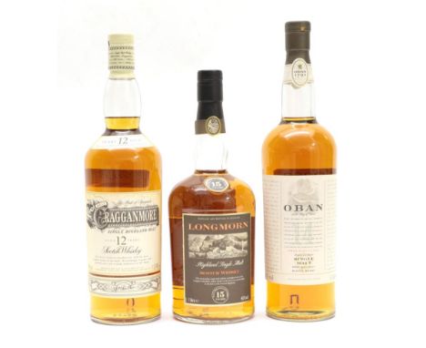 Cragganmore 12 Year Old Single Highland Malt Scotch Whisky 40% 1L, old bottling (one bottle), Longmorn 15 Year Old Highland S